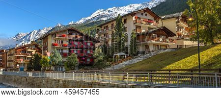 Zermatt, Switzerland Street View In Famous Swiss Alps Ski Resort, River, Snow Mountain Peaks, Banner