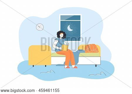 Woman Reading Before Going To Sleep Flat Vector Illustration. Pretty Girl Sitting On Bed And Reading