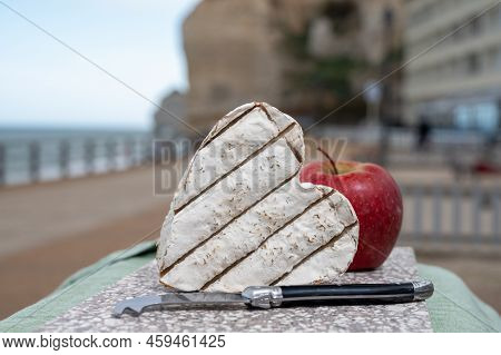 French Heartshaped Neufchatel Cow Cheese Served With Apple And View On Alebaster Cliffs Porte D'aval
