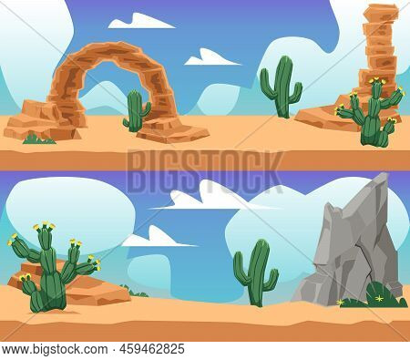 Hot Summer Weather In The Desert With Cactus Plants, Rocks And Ar Formation - Flat Vector Illustrati