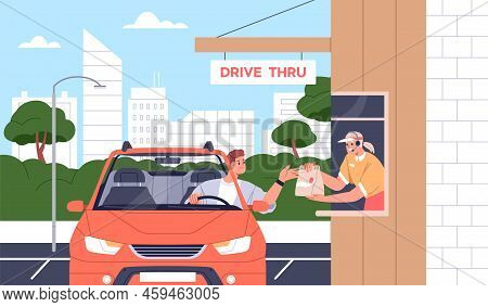 Driver At Drive Thru Through Service. Person Ordering Takeaway Fast Food From Car. Worker At Counter