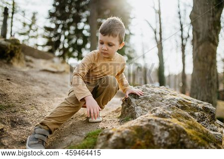 Portrait Of Cute Curious Little Boy In Nautre, Autumn Concept.