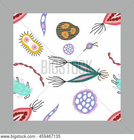Colorful Medical Seamless Pattern With Cute Doodle Bacterias, Microbs And Dnk