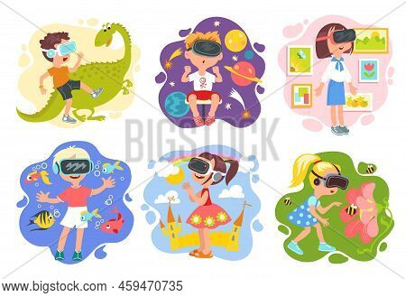 Kids Virtual Reality. Cute Boys And Girls Use Augmented Vr Glasses. Childish Game And Training. Chil