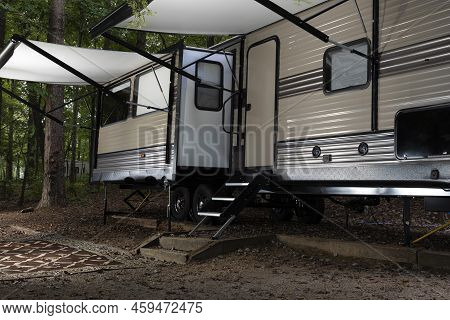 Travel Trailer With Awnings Out Ready For A Campout In North Carolina