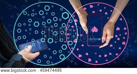 Women And Male Hands With Smartphones Surrounded By Intersecting Semantic Bubbles Or Filtration Bubb