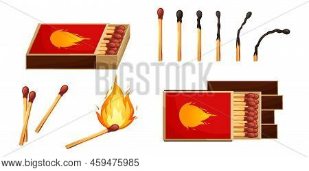 Burnt Match Stick With Fire And Matchbox. Set Of Boxes, Opened And Close Isplated On White Backgroun
