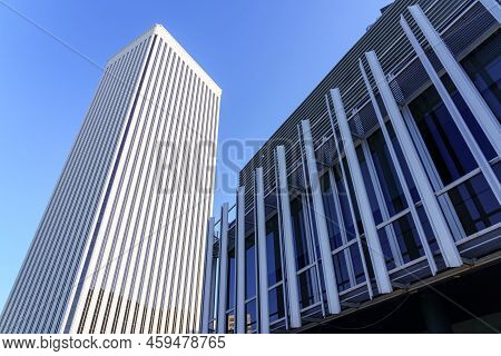 Madrid, Spain - July 30, 2022: Tall Steel And Glass Skyscrapers In The Financial District Of The Cap
