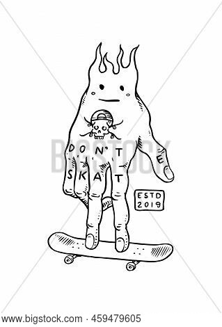 Fingerboard. Burning Hand Character. Skateboard Label For Typography. Vintage Fire. Retro Ride On Th