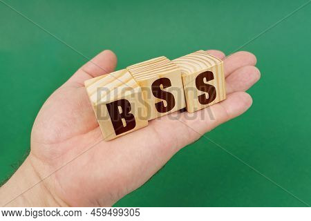 Business Concept. On A Green Background, In The Hands Of A Person, Cubes With The Inscription - Bss