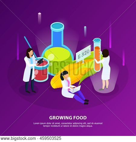Artificial Nutrition Products Isometric Composition With Scientists During Growing Of Food On Purple