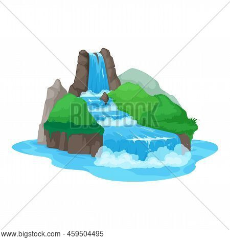 Cartoon Waterfall, Flowing Water Cascade, Hills In Green Grass. Vector Exotic Paradise, Nature Scene