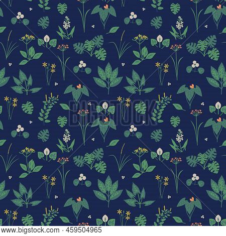 Various Plants Pattern On Dark Blue Background