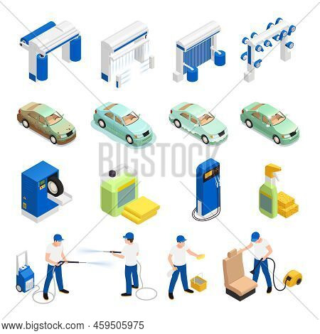 Carwash Icons Set With Automatic Car Wash Symbols Isometric Isolated Vector Illustration