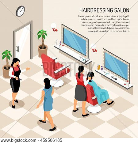 Hair Dressing Salon In Beige Color With Stylists Clients Professional Equipment And Interior Objects