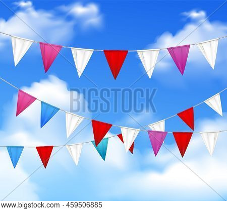 Decorative Outdoor Party Slingers Pennants Red White Pink Against Blue Cloudy Sky Realistic Closeup 