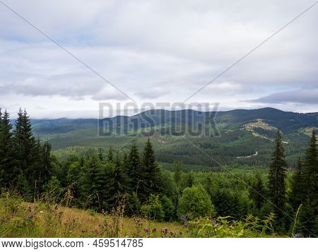Majestic Landscape Of Summer Mountains. View Of Hills In Mist. Carpathians. Amaizing View On The Mou