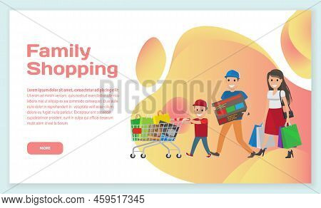 Family People Go With Bags, Supermarket Trolley For Shopping Landing Page Template. Cartoon Smiling 