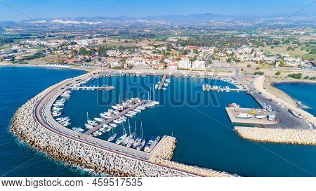 Aerial Bird's Eye View Of Zygi Fishing Village Port, Larnaca, Cyprus. The Fish Boats Moored In The H