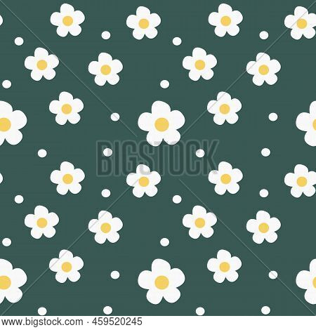 Hand-drawn Abstract Chamomile Flowers In A Seamless Pattern On A White Background. Repeating Floral 