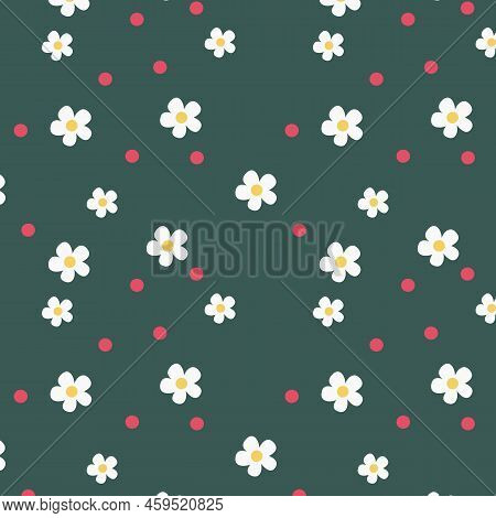 Hand-drawn Abstract Chamomile Flowers In A Seamless Pattern On A White Background. Repeating Floral 