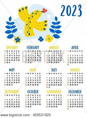 Calendar For 2023 With Cute Decorative Yellow-blue Bird With Heart. Vector Illustration. Vertical Te