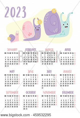Calendar For 2023 With Happy Family Of Cute Snails. Vector Illustration. Vertical Template For 12 Mo