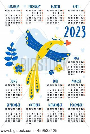 Yearly Calendar For 2023 With Decorative Yellow And Blue Good Luck Bird With Heart And Flowers. Vect