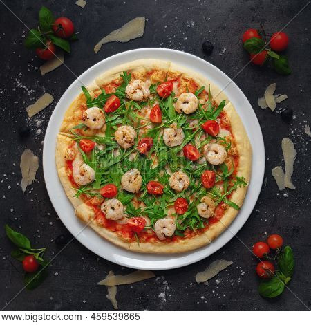 Traditional Italian Pizza With Shrimp And Arugula