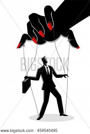 Vector Illustration Of A Businessman Being Control By A Woman Puppeteer