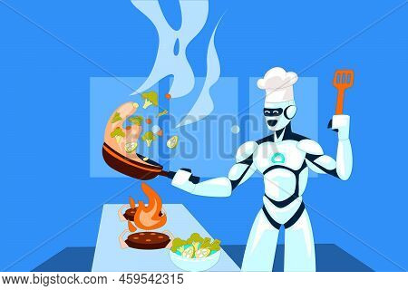 Robot Cooking Foods In Kitchen Illustration Vector Art