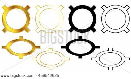 Set Of Golden Universal Currency Signs, Silhouette And Outline Isometric Top And Front View Isolated