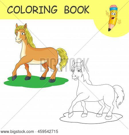 Coloring Cute Cartoon Horse. Coloring Book Or Page Cartoon Of Funny Horse For Kids. Cute Colorful Fa