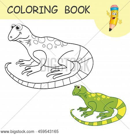 Coloring Book With Fun Character Gecko. Colorless And Color Samples Lizard On Coloring Page For Kids