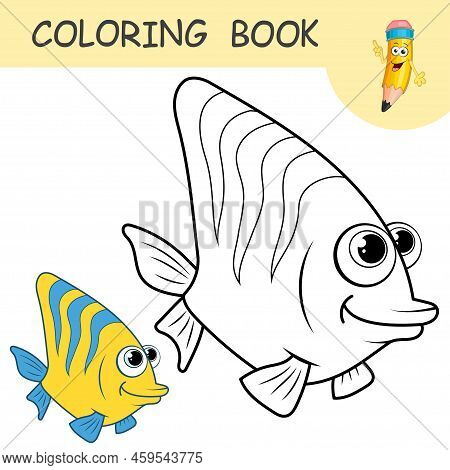 Coloring Book With Cute Sea Fish. Colorless And Color Samples Coral Fish On Coloring Page For Kids. 