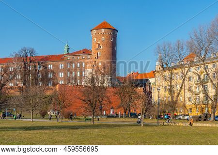 Krakow, Poland - 14 March, 2022: Wawel Castle And Sandomierska Tower - Krakow