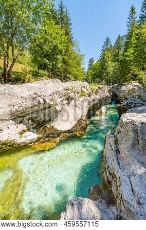 Clear Water Of Soca River At Small Soca Gorge, Julian Alps, Slovenia