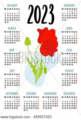 Calendar For 2023 With Beautiful Red Poppy Flower. Vector Illustration. Vertical Calendar Template F