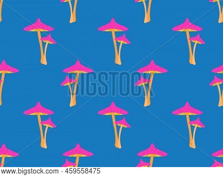 Toadstool Mushrooms Seamless Pattern. Mushrooms With Red Caps. Not Edible Poisonous Toadstool Mushro