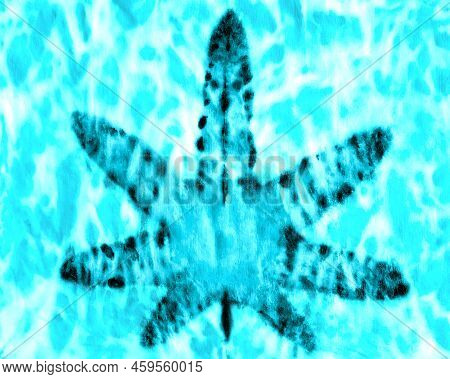 Tie Dye Element In Marijuana Leaf Shape. Hand Painted Color Element On Teal Blue Turquoise Tie-dye B