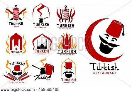 Turkish Cuisine Food, Chef Icons And Symbols. Turkey Fast Food Restaurant Or Cafe Vector Sign, Grill