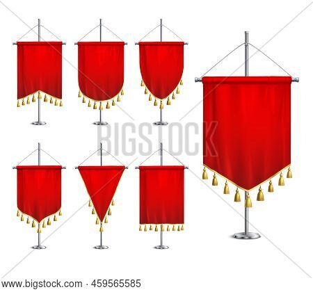 Satin Red Various Shapes Pennants With Golden Tassel Fringe On Steel Spire Pedestal Realistic Set Ve