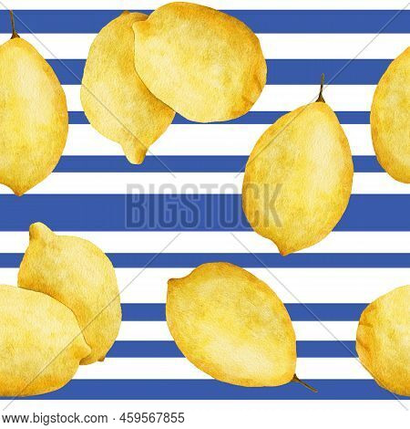 Watercolor Hand Drawn Seamless Pattern With Yellow Lemons And Blue Stripe Background. Summer Fruit C