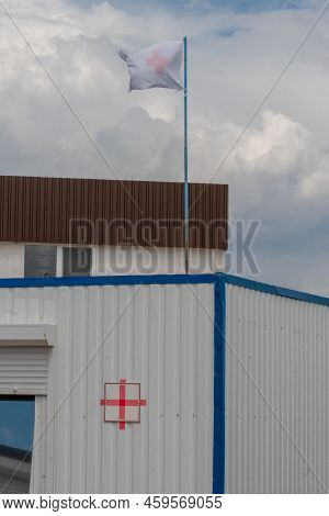 Russia, Moscow - Jun 26, 2022: Flag International Committee Cross Medical Red Ukraine Rescue Help Ba