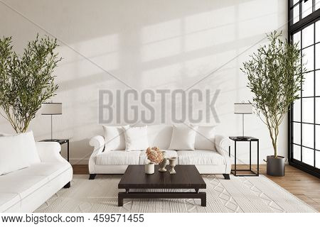 Hampton Style Living Room. Home Interior Design 3d Render Illustration In Pastel Colors.
