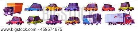 Cartoon Cars Set, Modern Automobiles, Bus, Freight Truck, Lorry, Refrigerator Transportation Modes. 