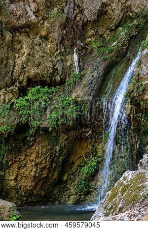 Waterfall In The Valley Of Butterflies. The Petaloudes Valley Nature Reserve In Rhodes, Greece, Euro