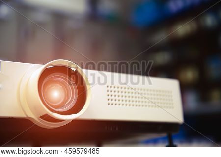 Close-up Computer Projector On Table Boardroom Or Meeting Room Technology Equipment Of Visual Or Vis