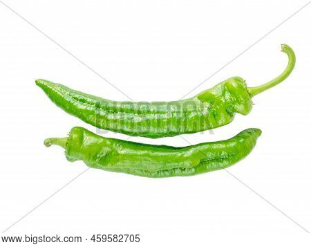 Two Green Long Italian Frying Peppers Isolated Png. Cuban Cubanelle Pepper Pods.