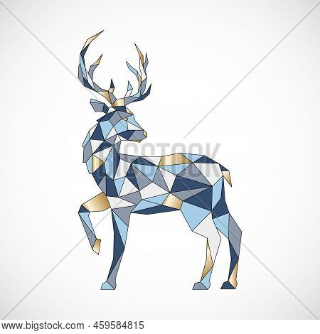 Vector Image Of Geometric Deer In Full Growth With Raised Front Hoof. Polygonal Deer Painted In Scan